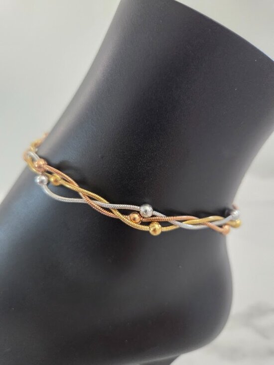 Jewelry - Tri-Tone Beaded Snake Chain Anklet Braided Gold Rose Gold Silver